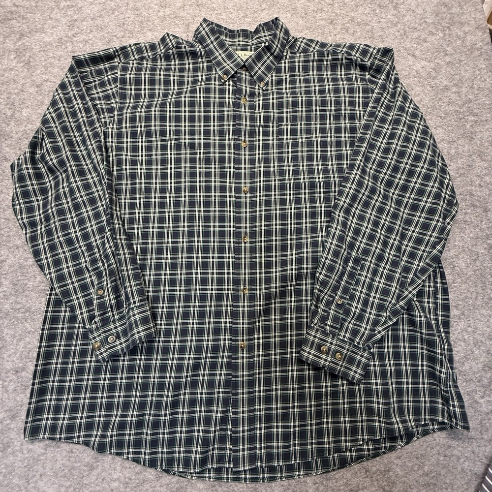 LL Bean Button Down Shirt Men XXL Green Navy Plaid Long Sleeve Cotton